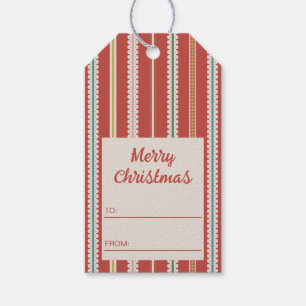 Étiquettes-cadeau Joyeux Noël rayures festonnées beige rouge