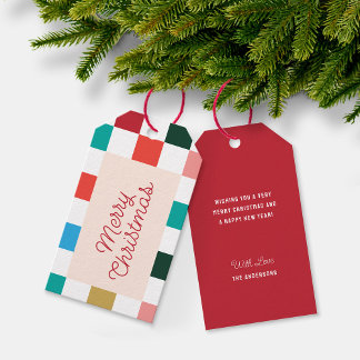 Étiquettes-cadeau Joyeux Noël Retro Script en damier coloré