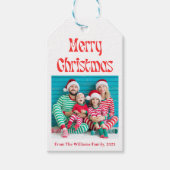 Étiquettes-cadeau joyeux noël rétro script rouge photo de vacances (Devant)