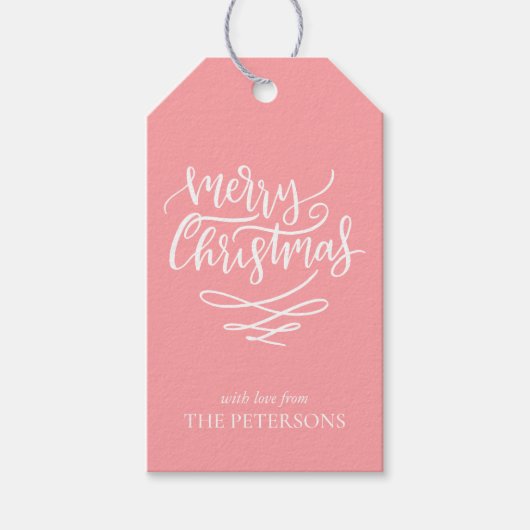 Étiquettes-cadeau Joyeux Noël rose Script Arbres de Noël (Devant)