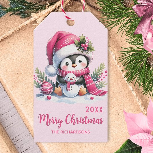 Étiquettes-cadeau Joyeux Noël rose uni Pingouin personnalisé