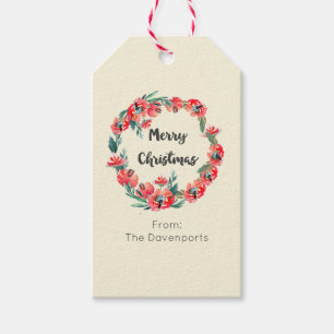 Étiquettes-cadeau Joyeux Noël Rouge Floral Vacances Wreath Custom