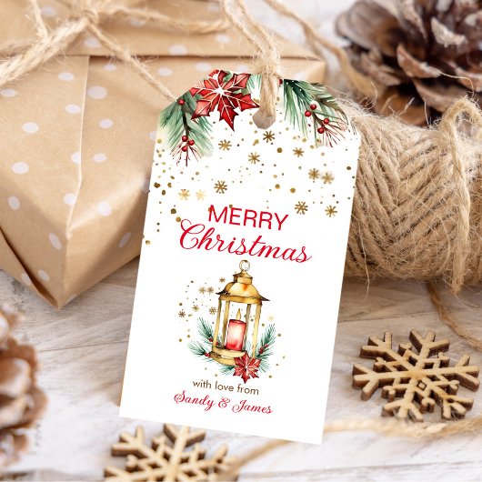 Étiquettes-cadeau Joyeux Noël rustique aquarelle or lanterne