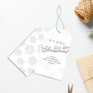 Étiquettes-cadeau Joyeux Noël Silver Calligraphie Snowflakes