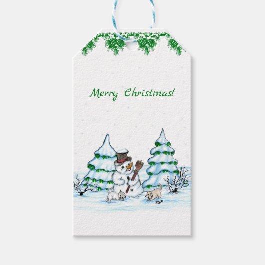 Étiquettes-cadeau Joyeux Noël ! Snowman avec chat et chiot (Devant)
