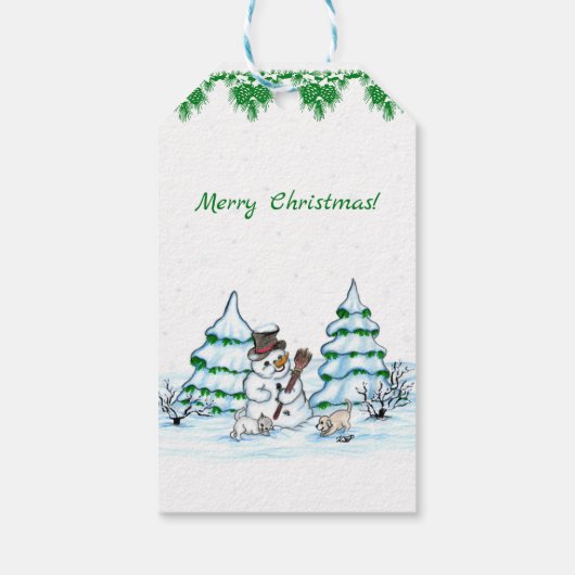 Étiquettes-cadeau Joyeux Noël ! Snowman avec chat et chiot (Dos)