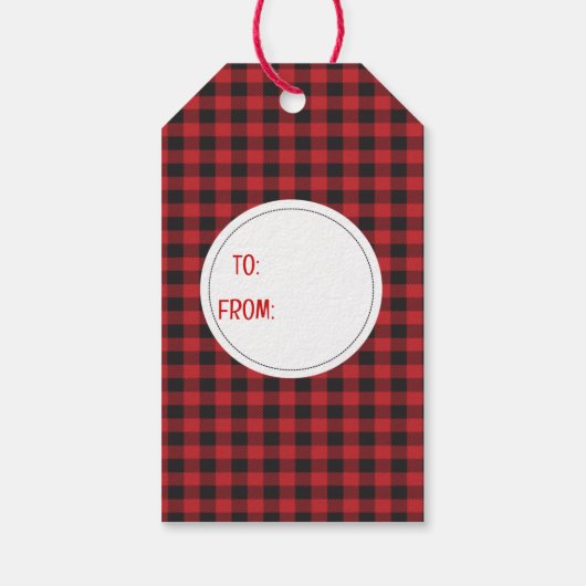 Étiquettes-cadeau Joyeux Noël Snowman Red Black Buffalo Plaid (Dos)