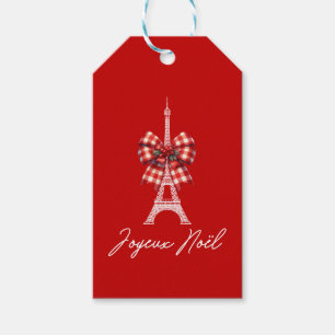 Étiquettes-cadeau Joyeux Noël Tour Eiffel Nœud de Noël Rouge & Blanc