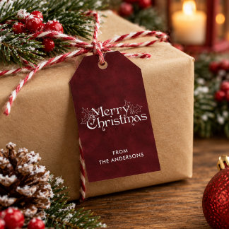Étiquettes-cadeau Joyeux Noël Velours Rouge Foncé Vintage Classique