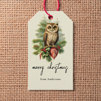 Étiquettes-cadeau Joyeux Noël Vintage Nom de Hibou de la Forêt d'Hiv