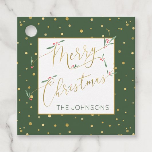 Étiquettes Cadeau Joyeux Noël Whimsical Script Vert et Or (Devant)