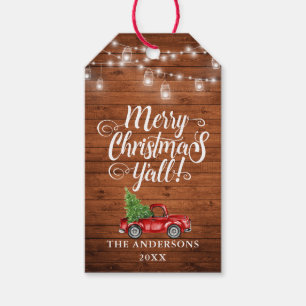 Étiquettes-cadeau Joyeux Noël Y'all Russe Wood Jar Lumières Camion