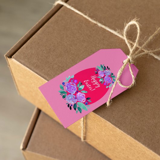 Étiquettes-cadeau Joyeux oeuf rose fleuri à l'aquarelle de Pâques