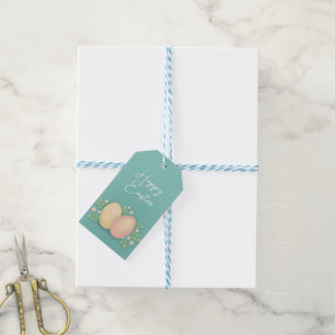 Étiquettes-cadeau Joyeux oeufs de Pâques et fleurs bleu doux