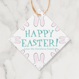 Étiquettes Cadeau Joyeux Pâques turquoise blanc mignon lapins texte 