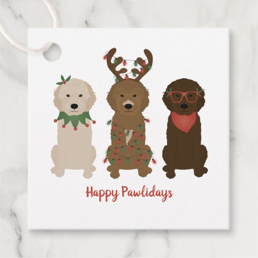 Étiquettes Cadeau Joyeux Pawlidays Goldendoodle lumières de Noël (Devant)