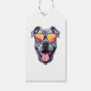 Étiquettes-cadeau Joyeux Pitbull bleu portant des lunettes de soleil