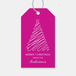 Étiquettes-cadeau Joyeux sapin blanc rose chaud de Noël