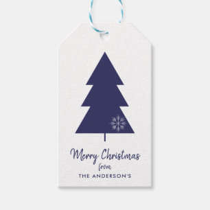 Étiquettes-cadeau Joyeux sapin de Noël bleu de la marine de Noël