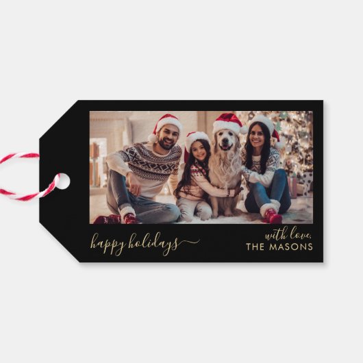 Étiquettes-cadeau Joyeux Script Black Gold Family Photo (Dos Horizontal)