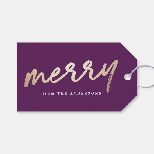 Étiquettes-cadeau Joyeux script moderne violet or vacances (Devant (Horizontal))