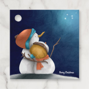 Étiquettes Cadeau Joyeux Snowmen de Noël regardant les étoiles