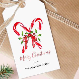 Étiquettes-cadeau Joyeux Sucre de canne de Noël avec Holly feuilles