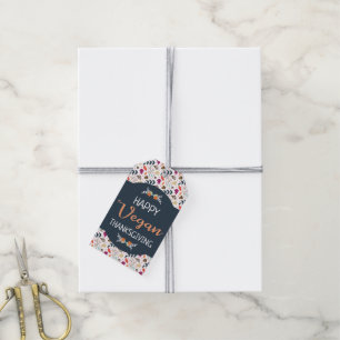 Étiquettes-cadeau Joyeux texte vegan thanksgiving bleu floral orange
