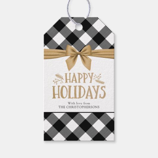 Étiquettes-cadeau JOYEUX VACANCES Buffle noir Plaid Gold Bow (Devant)