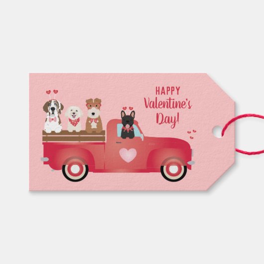 Étiquettes-cadeau Joyeux Valentines Jour Pickup Camion Aimer Chiens (Devant (Horizontal))