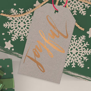 Étiquettes-cadeau Joyful Red Gold Brossé Script sur papier kraft gri