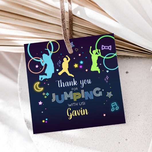 Étiquettes Cadeau Jump & Glow Trampoline Carré de fête d'anniversair
