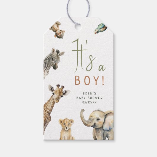 Étiquettes-cadeau Jungle Safari C'est un garçon Baby shower Merci (Devant)