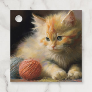 Étiquettes Cadeau Knit Se Produit Orange Kitten Jouant Avec Du Fil