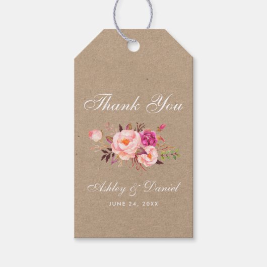 Étiquettes-cadeau Kraft Aquarelle rose Mariage rose (Devant)