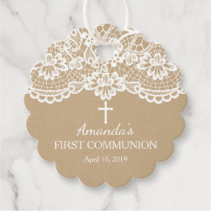 Étiquettes Cadeau Kraft et dentelle moderne Première communion saint