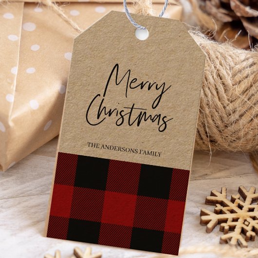 Étiquettes-cadeau Kraft Red Buffalo Plaid & Joyeux Noël