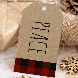 Étiquettes-cadeau Kraft Red Buffalo Plaid & Peace Christmas Cadeau T