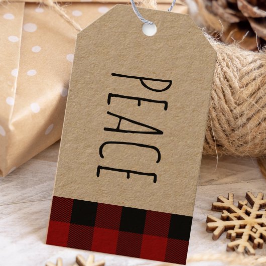 Étiquettes-cadeau Kraft Red Buffalo Plaid & Peace Christmas Cadeau T
