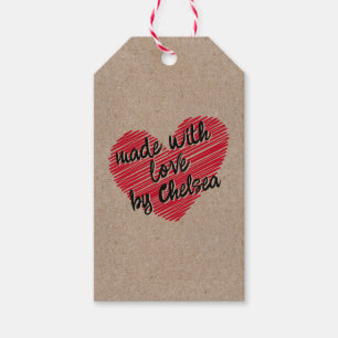 Étiquettes-cadeau Kraft Red Sketchy Heart "Fabriqué avec amour"