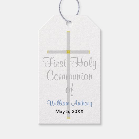 Étiquettes-cadeau La première sainte communion du garçon Croix d'arg (Devant)