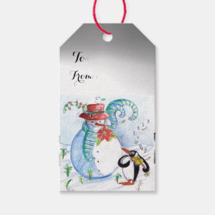 ÉTIQUETTES-CADEAU LA SÉRÉNADE HIVERNALE DE SNOWMAN ET PENGUIN