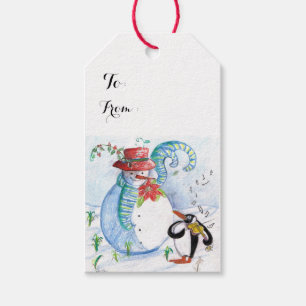 ÉTIQUETTES-CADEAU LA SÉRÉNADE HIVERNALE DE SNOWMAN ET PENGUIN