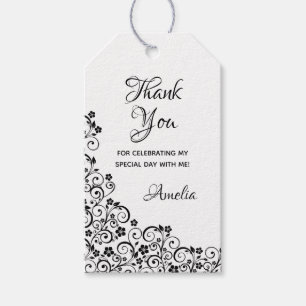 Étiquettes-cadeau Lacy Floral Quinceañera Noir et blanc