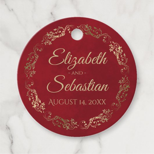Étiquettes Cadeau Lacy Gold Bordure Élégante Crimson Mariage rouge (Devant)