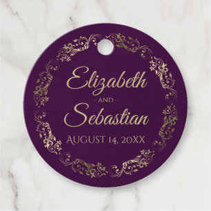 Étiquettes Cadeau Lacy Gold Bordure Élégante Plum Purple Mariage