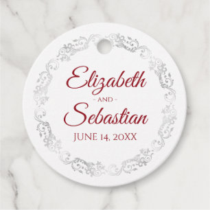 Étiquettes Cadeau Lacy Silver Bordure Elégant Mariage rouge et blanc