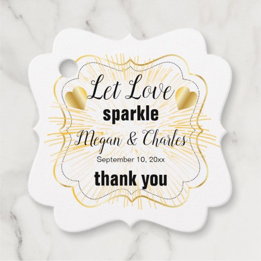 Étiquettes Cadeau Laissez Love Sparkle Gold Hearts Citer Mariage pho (Devant)