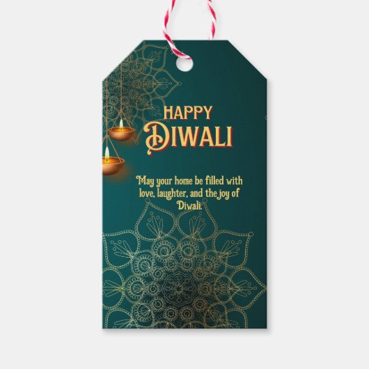 Étiquettes-cadeau Lampes en or vert Diwali Mandala Personnalisé (Devant)