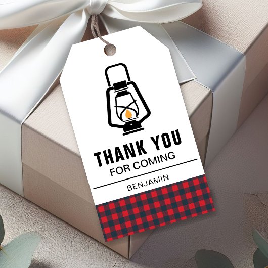 Étiquettes-cadeau Lanterne de bison rouge Plaid de bûcheron Annivers